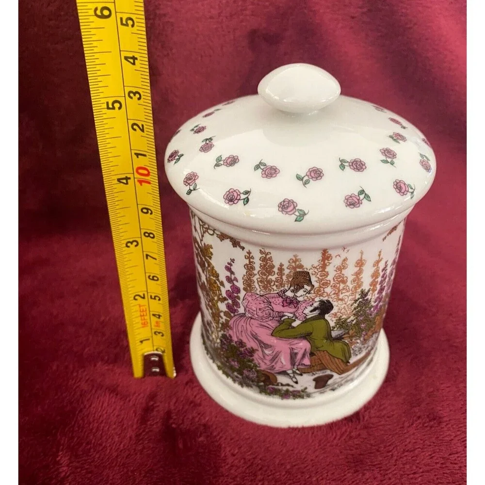 Vintage Porcelain Courting Couple Floral Cotton Ball Vanity Jar West Germany
